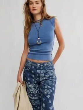 WE THE FREE PEOPLE VINTAGE INDIGO EVER HAD CAP SLEEVE RIBBED TUNIC TOP S NEW